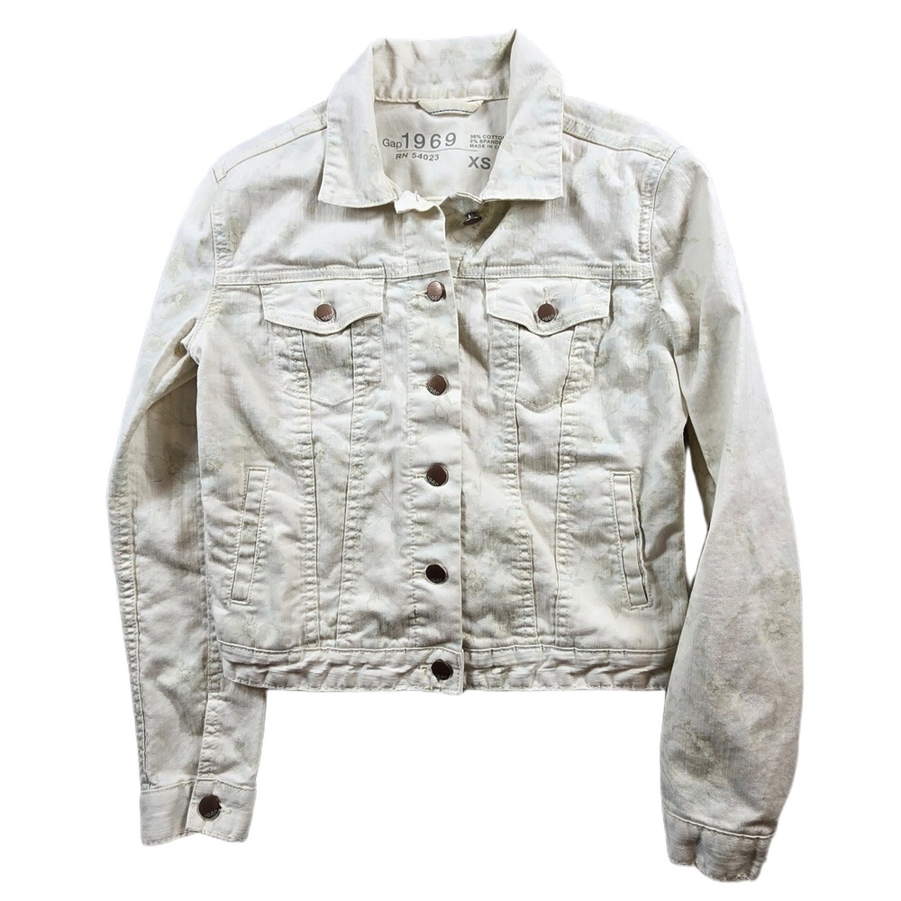Gap 1969 Trucker Denim Jacket Women XS Cream Olive Floral Cotton Stretch Coat